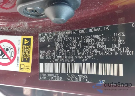 2014 Toyota Highlander Xle V6 z USA, uszkodzony, nr VIN 5TDJKRFH7ES023988